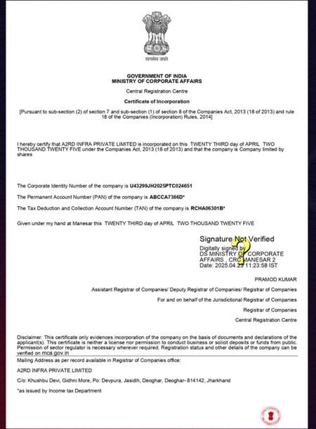 MCA Certificate of Incorporation A2RD Infra